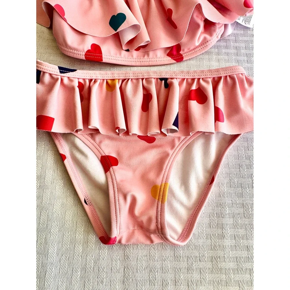 Janie and Jack Toddler Girls Pink Heart Print Ruffle Bikini Swimsuit Set 2T
